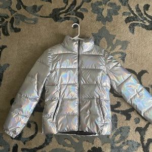 Silver holographic puffer jacket